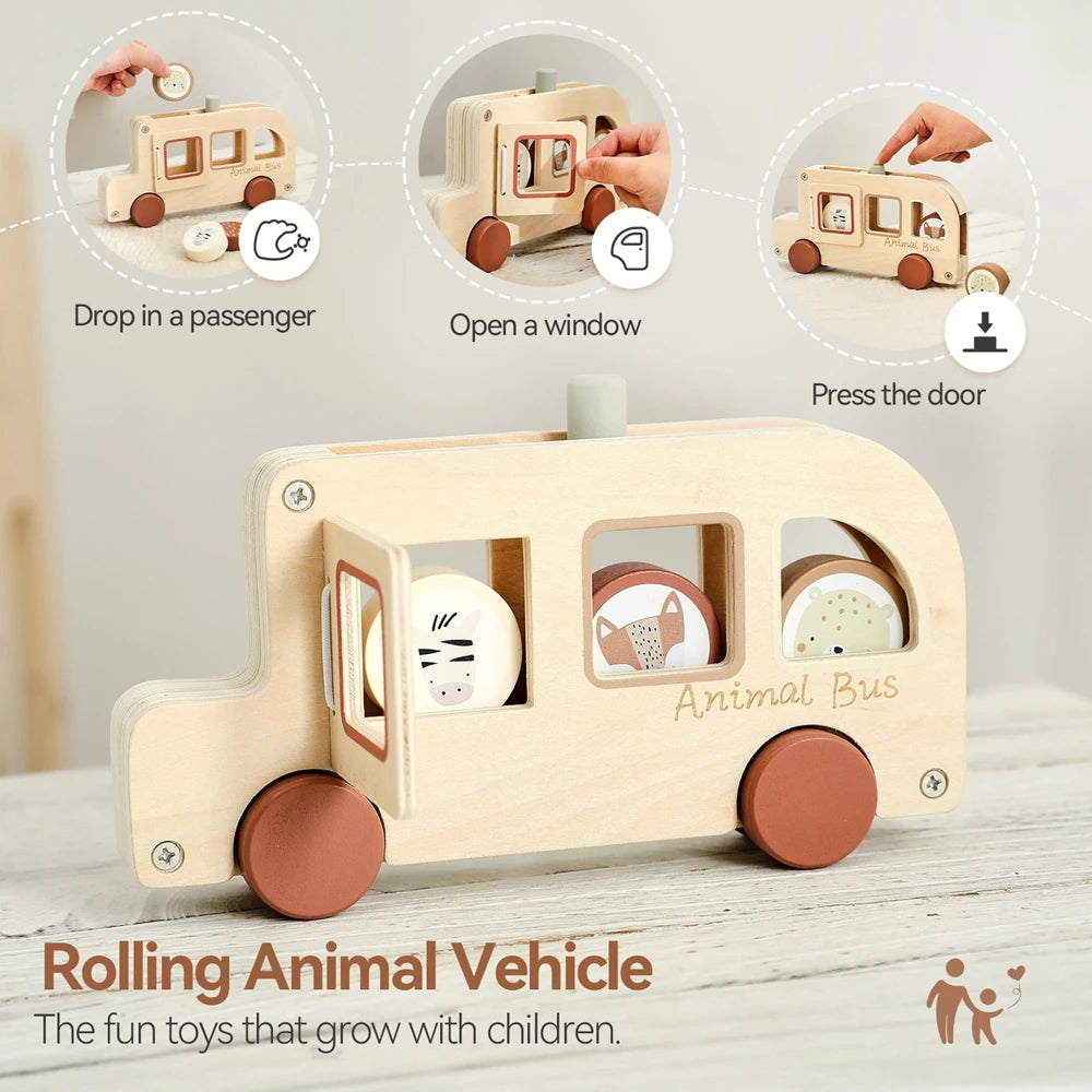 Wooden Rolling Animal Bus
